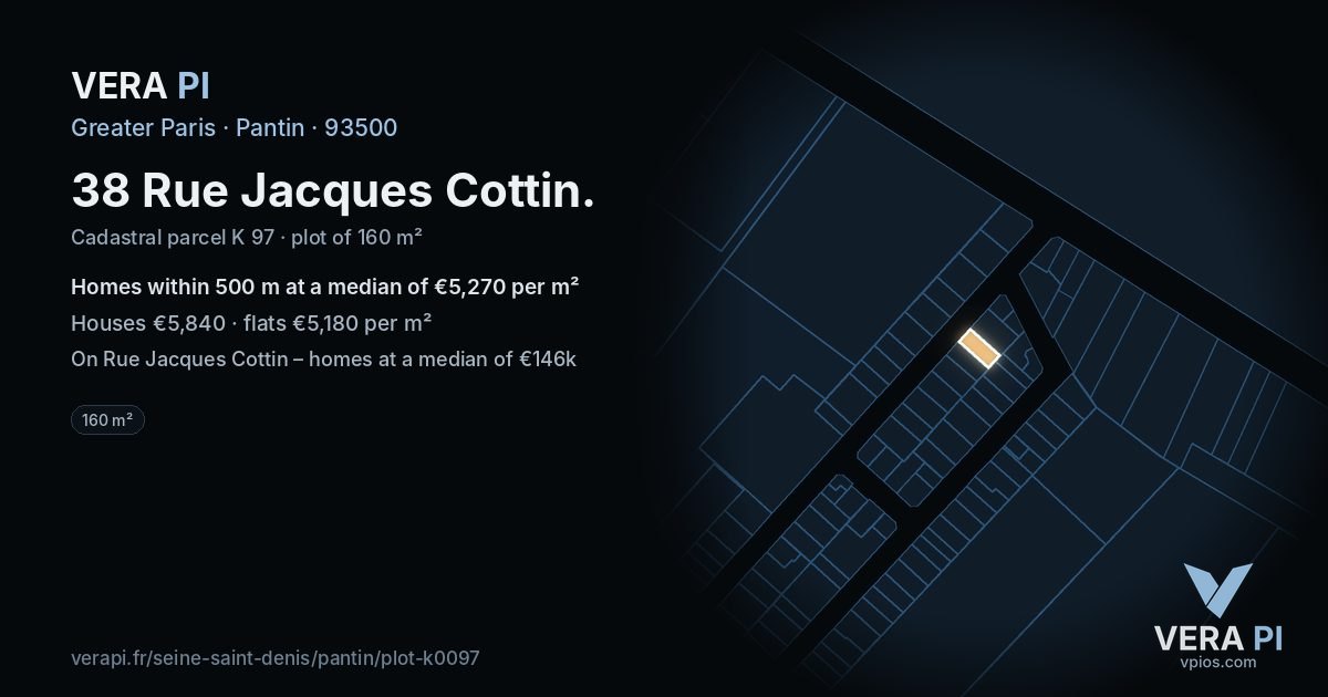 38 Rue Jacques Cottin, Pantin at night – the plot lit, the parcels around coloured by the prices near them