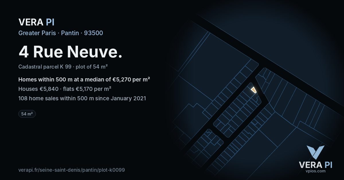 4 Rue Neuve, Pantin at night – the plot lit, the parcels around coloured by the prices near them