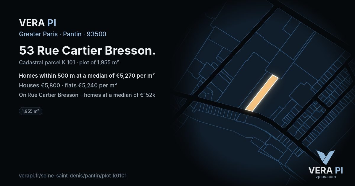 53 Rue Cartier Bresson, Pantin at night – the plot lit, the parcels around coloured by the prices near them