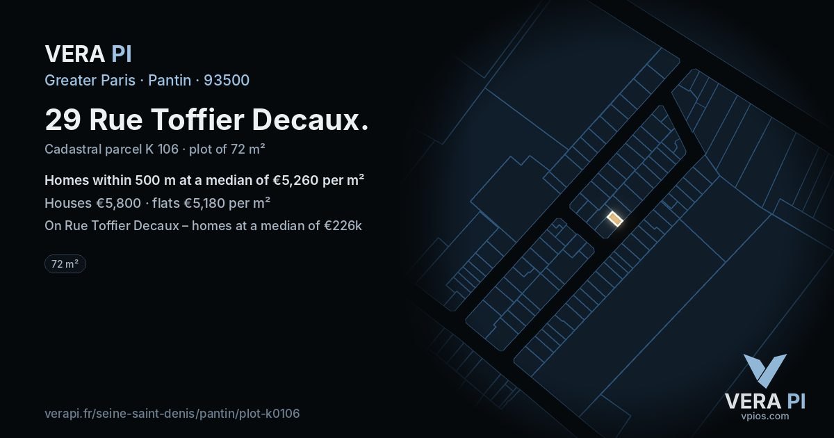 29 Rue Toffier Decaux, Pantin at night – the plot lit, the parcels around coloured by the prices near them