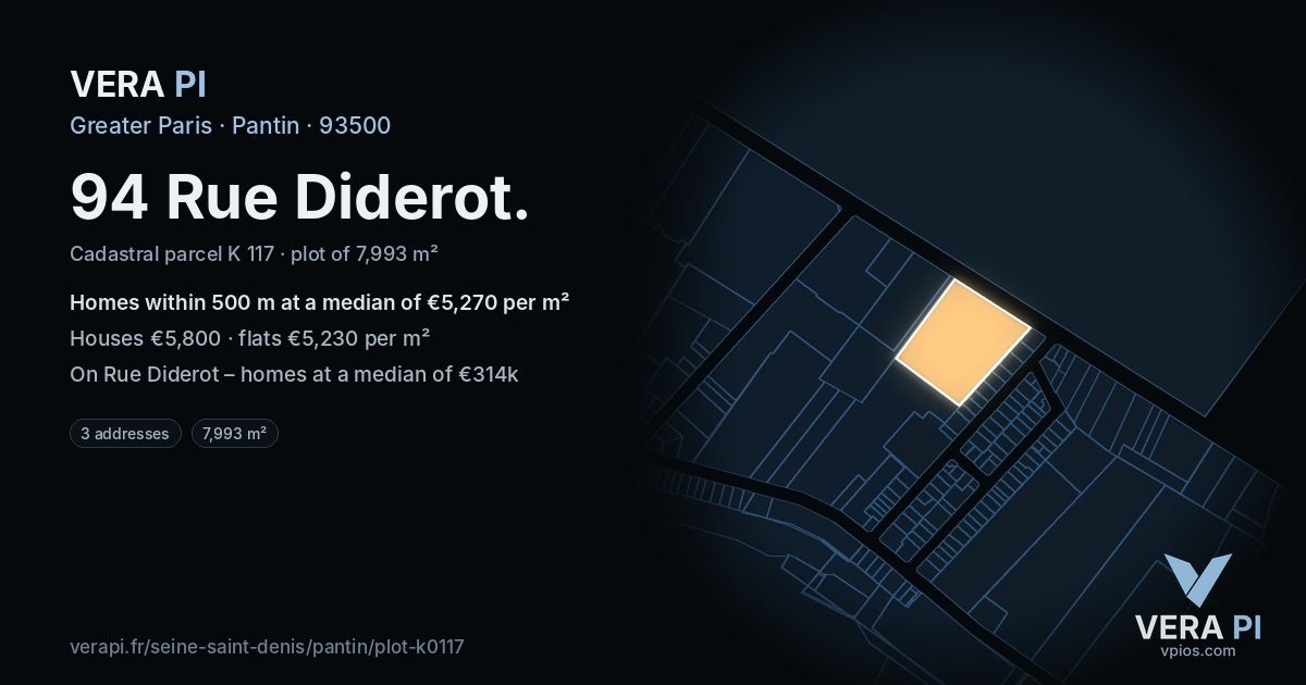 94 Rue Diderot, Pantin at night – the plot lit, the parcels around coloured by the prices near them