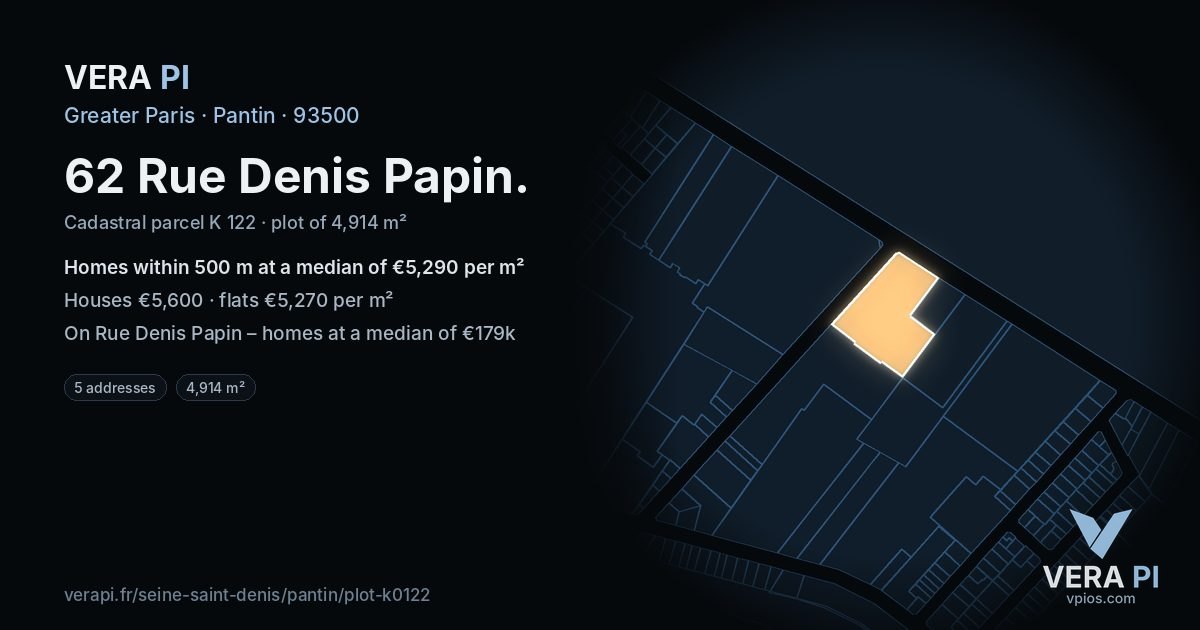 62 Rue Denis Papin, Pantin at night – the plot lit, the parcels around coloured by the prices near them