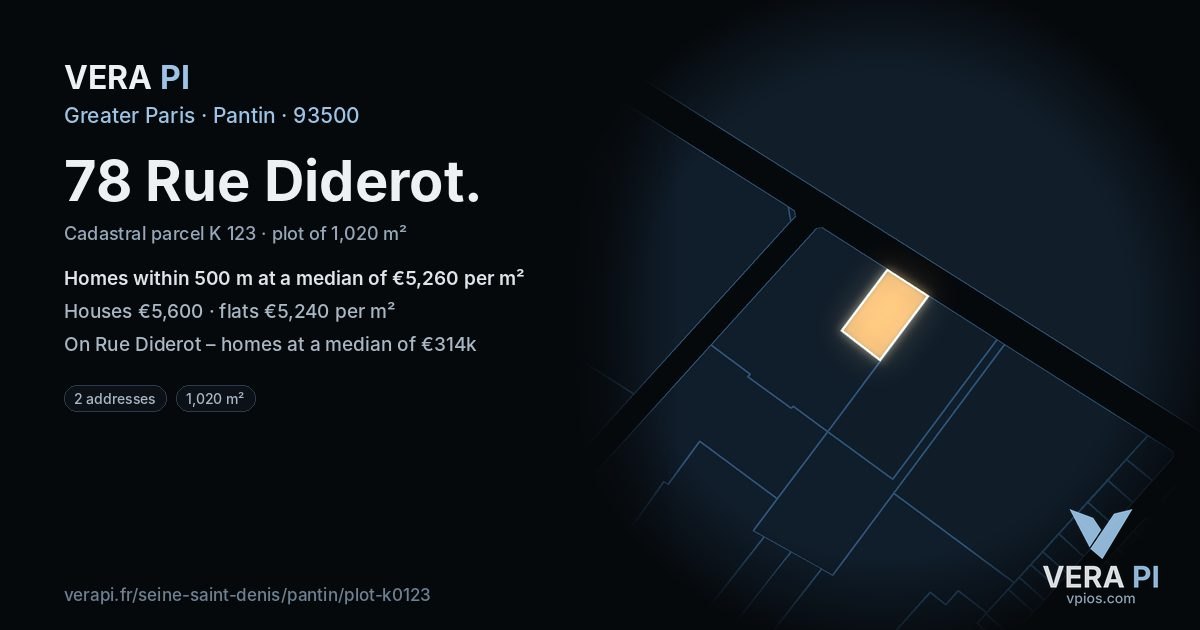 78 Rue Diderot, Pantin at night – the plot lit, the parcels around coloured by the prices near them