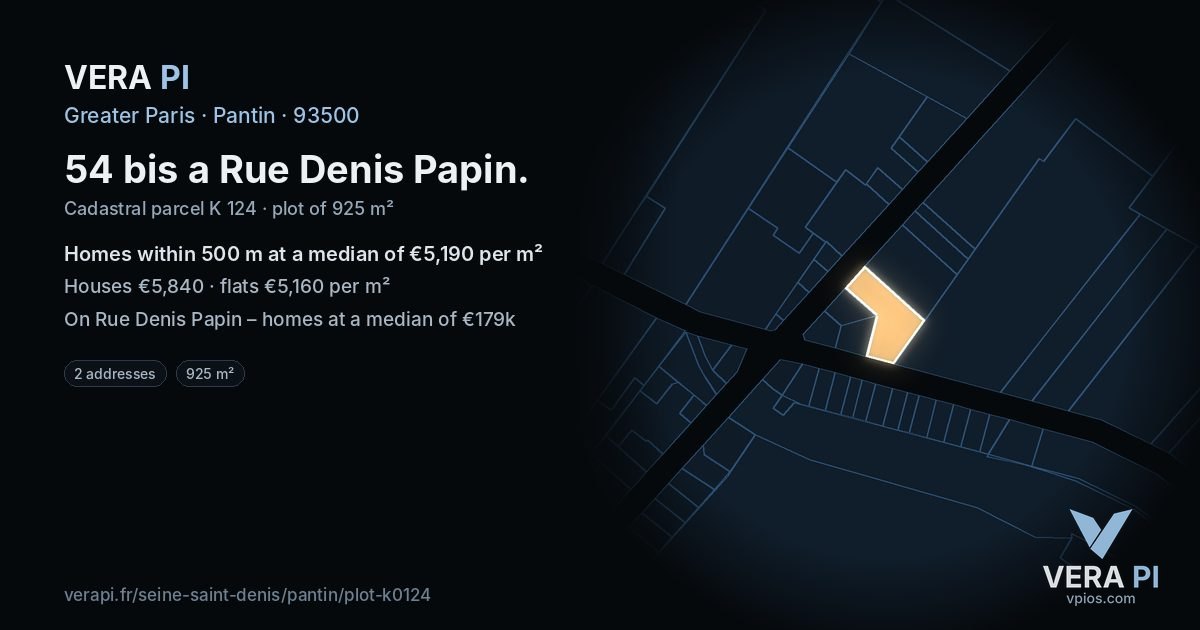 54 bis a Rue Denis Papin, Pantin at night – the plot lit, the parcels around coloured by the prices near them