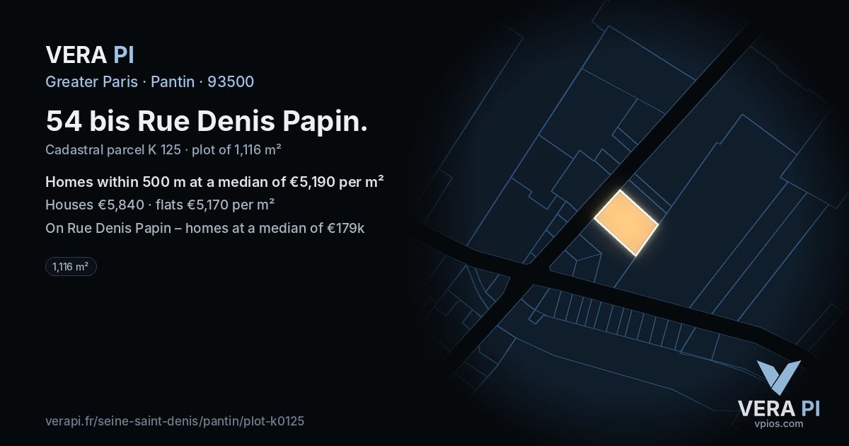 54 bis Rue Denis Papin, Pantin at night – the plot lit, the parcels around coloured by the prices near them