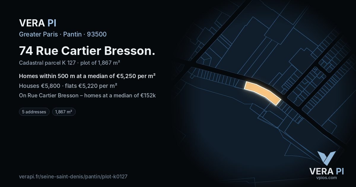 74 Rue Cartier Bresson, Pantin at night – the plot lit, the parcels around coloured by the prices near them