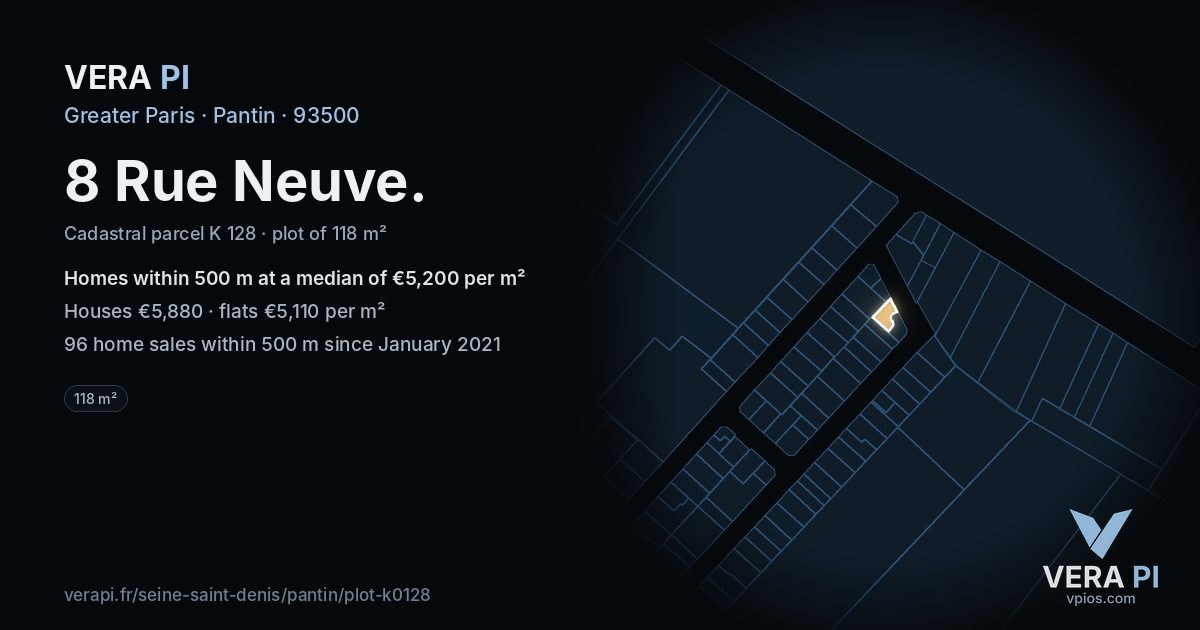 8 Rue Neuve, Pantin at night – the plot lit, the parcels around coloured by the prices near them