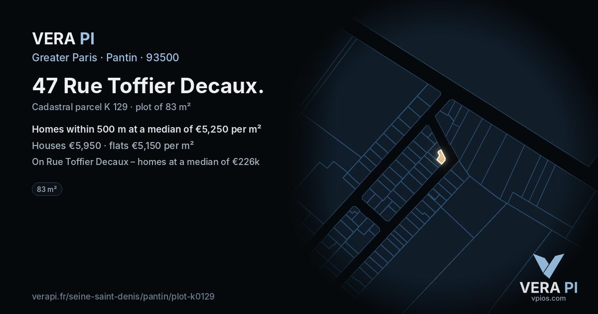 47 Rue Toffier Decaux, Pantin at night – the plot lit, the parcels around coloured by the prices near them