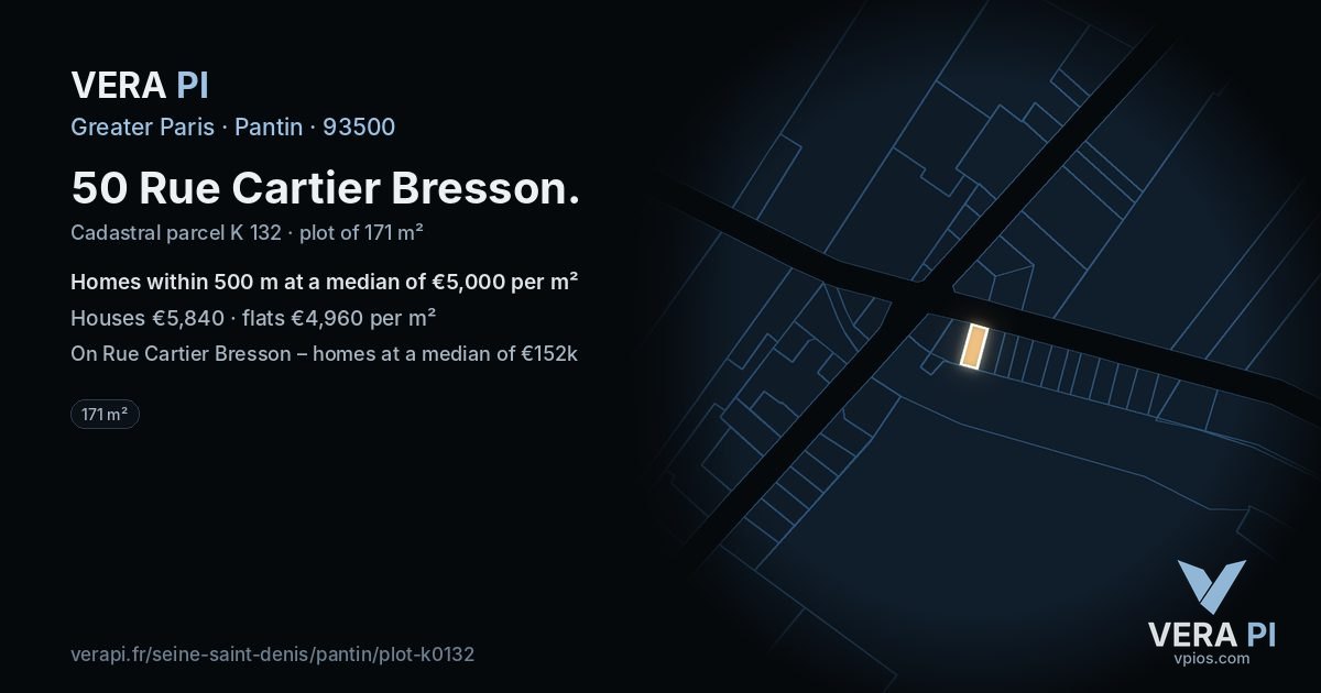 50 Rue Cartier Bresson, Pantin at night – the plot lit, the parcels around coloured by the prices near them