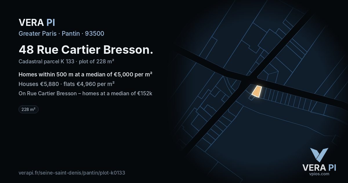 48 Rue Cartier Bresson, Pantin at night – the plot lit, the parcels around coloured by the prices near them