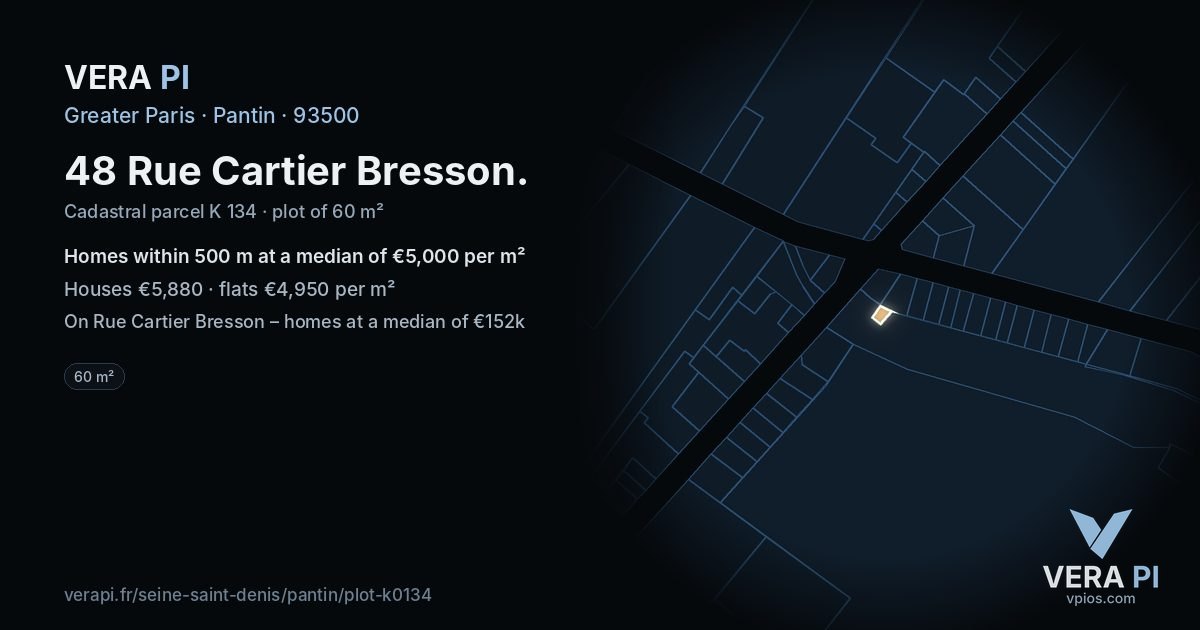 48 Rue Cartier Bresson, Pantin at night – the plot lit, the parcels around coloured by the prices near them