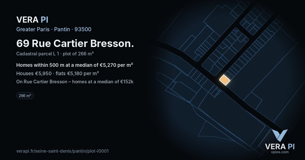69 Rue Cartier Bresson, Pantin at night – the plot lit, the parcels around coloured by the prices near them