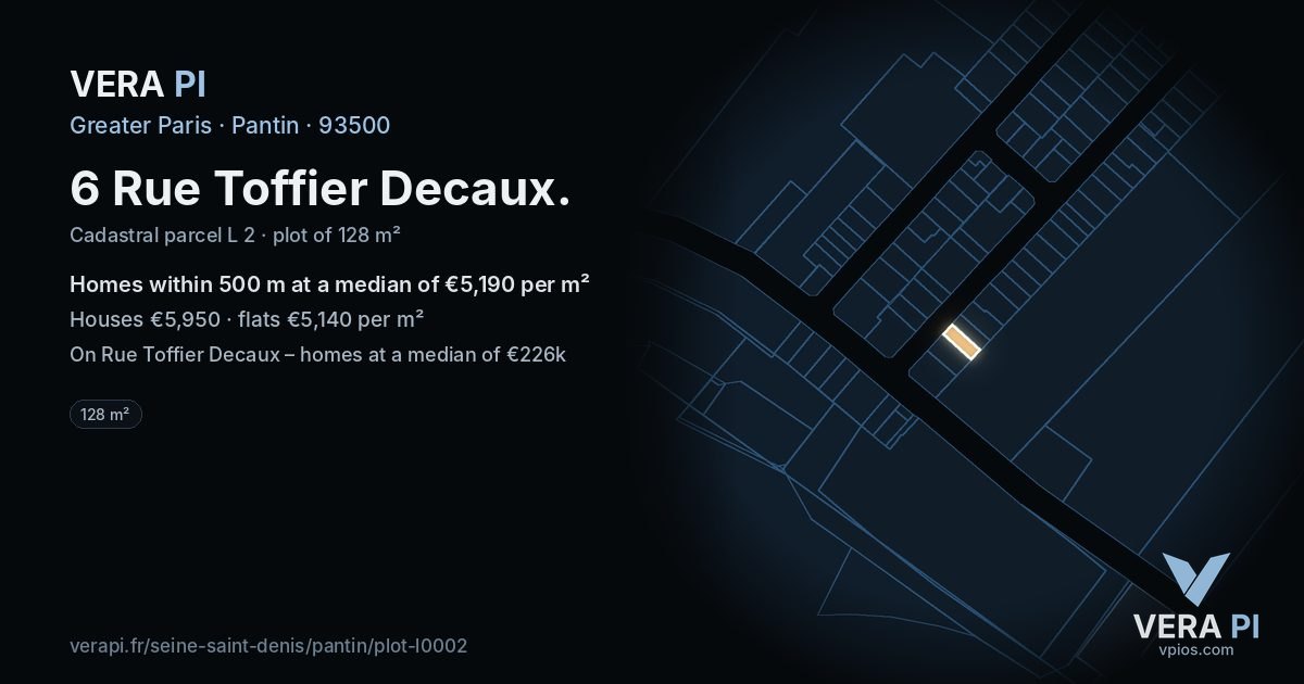 6 Rue Toffier Decaux, Pantin at night – the plot lit, the parcels around coloured by the prices near them
