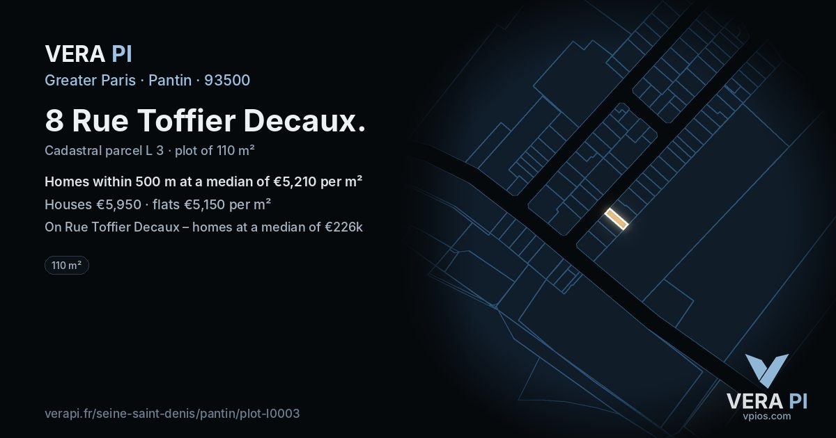 8 Rue Toffier Decaux, Pantin at night – the plot lit, the parcels around coloured by the prices near them