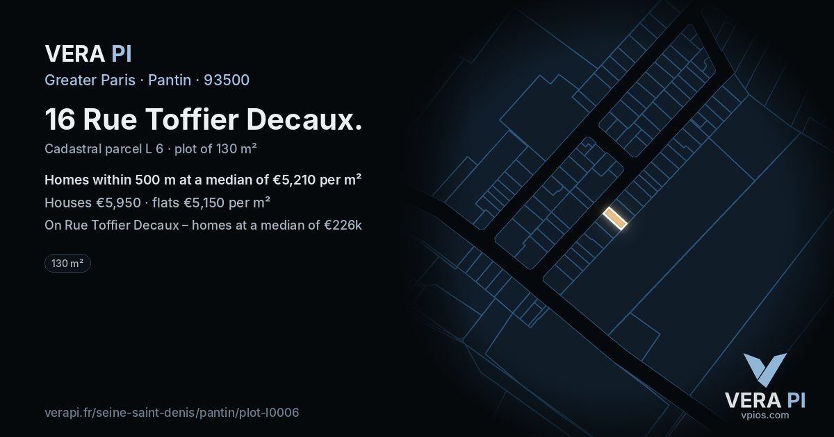 16 Rue Toffier Decaux, Pantin at night – the plot lit, the parcels around coloured by the prices near them
