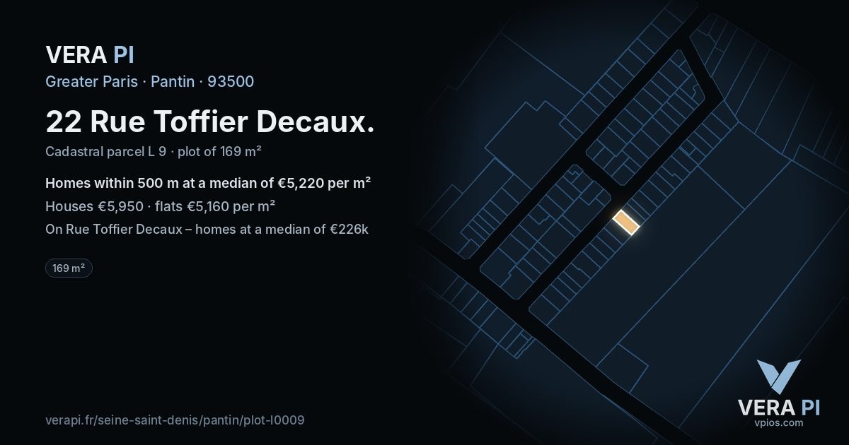22 Rue Toffier Decaux, Pantin at night – the plot lit, the parcels around coloured by the prices near them