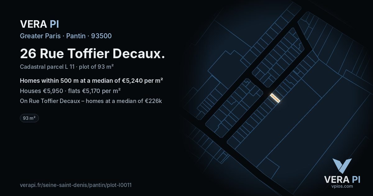 26 Rue Toffier Decaux, Pantin at night – the plot lit, the parcels around coloured by the prices near them