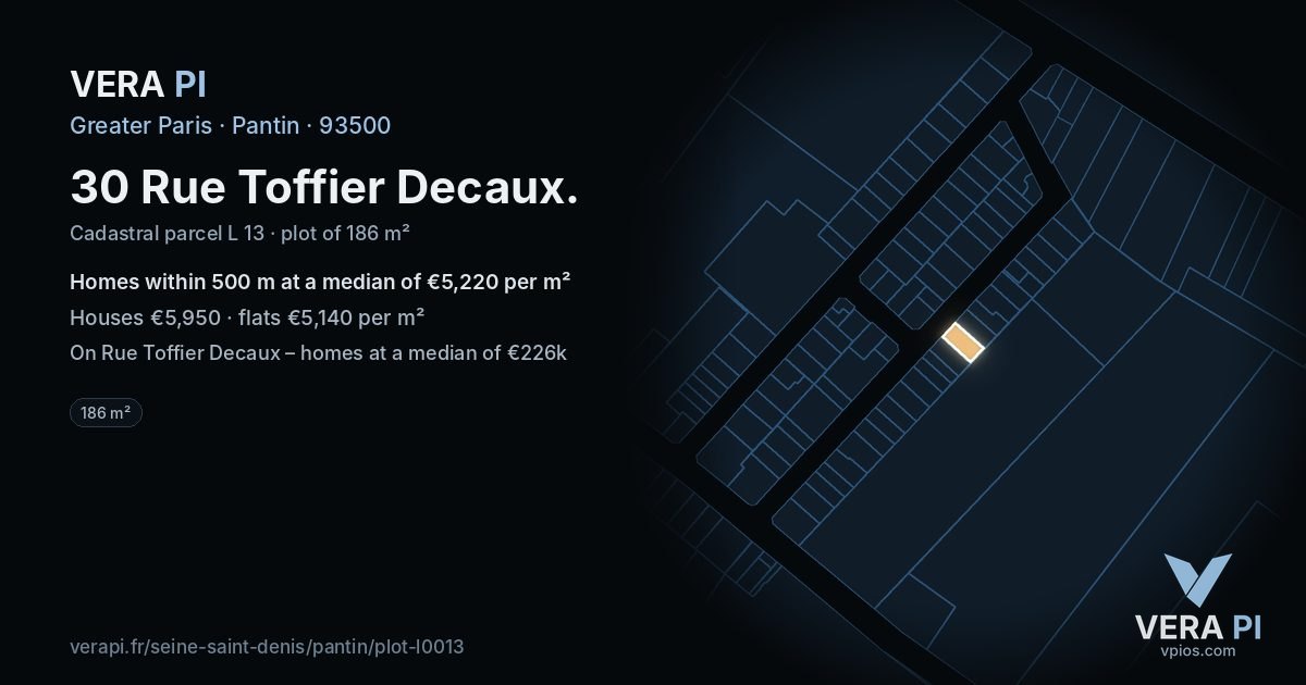 30 Rue Toffier Decaux, Pantin at night – the plot lit, the parcels around coloured by the prices near them