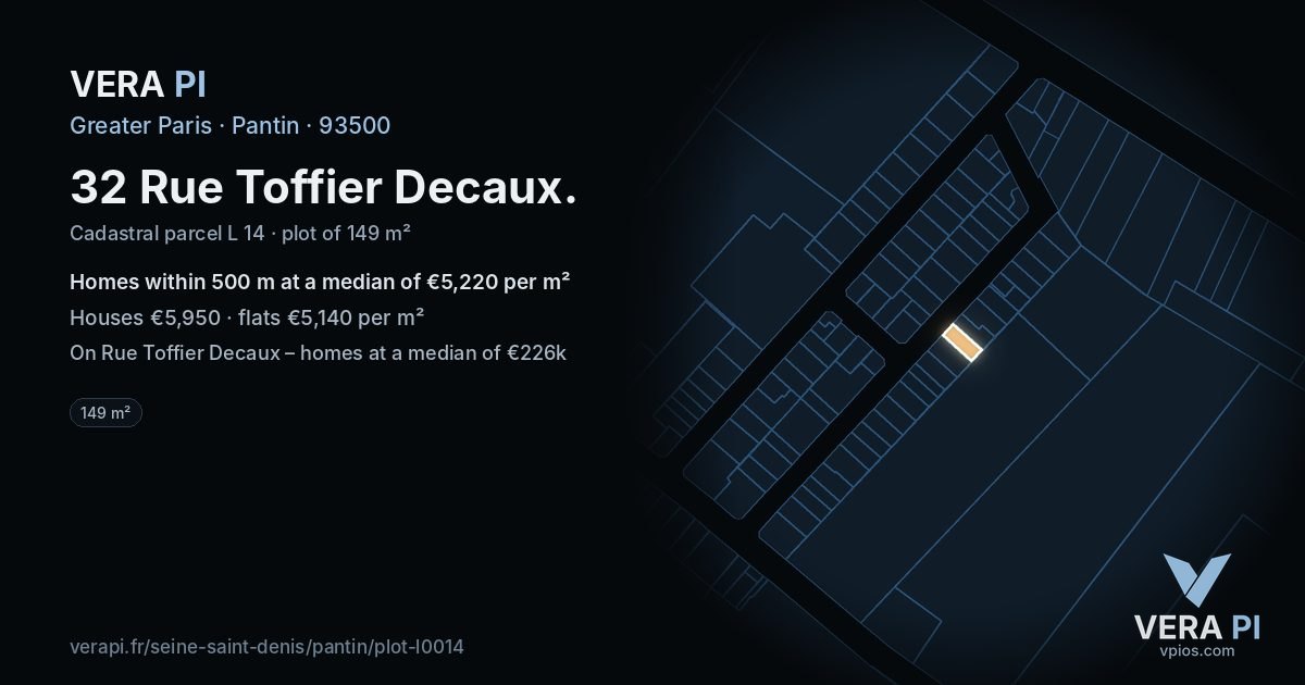 32 Rue Toffier Decaux, Pantin at night – the plot lit, the parcels around coloured by the prices near them