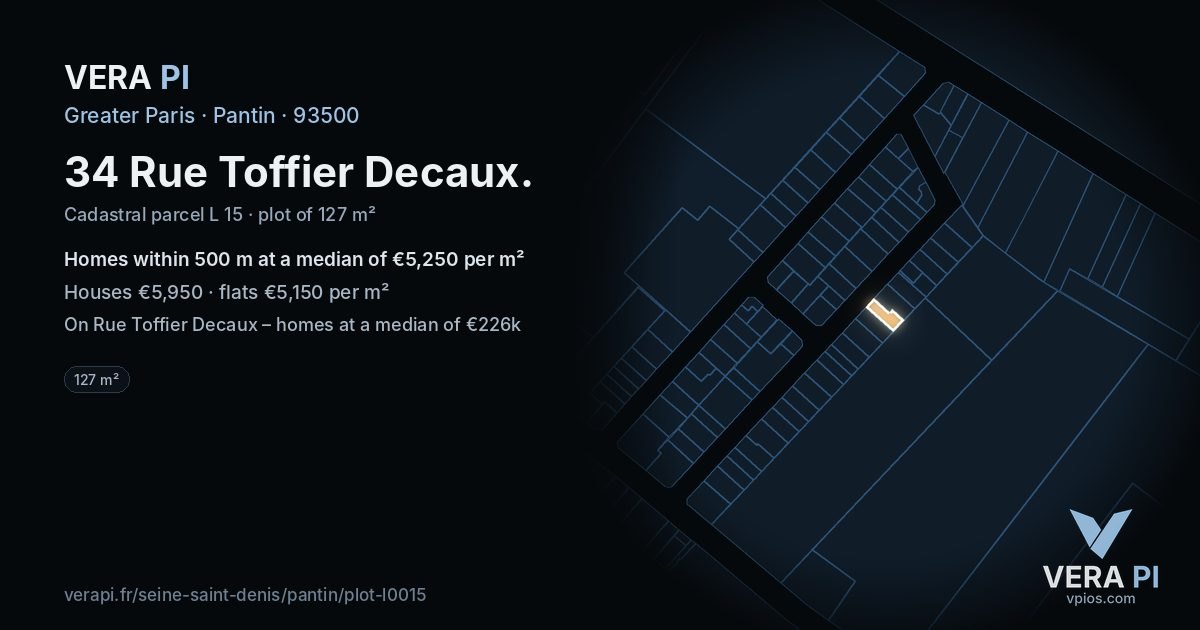 34 Rue Toffier Decaux, Pantin at night – the plot lit, the parcels around coloured by the prices near them