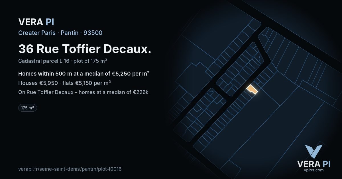36 Rue Toffier Decaux, Pantin at night – the plot lit, the parcels around coloured by the prices near them