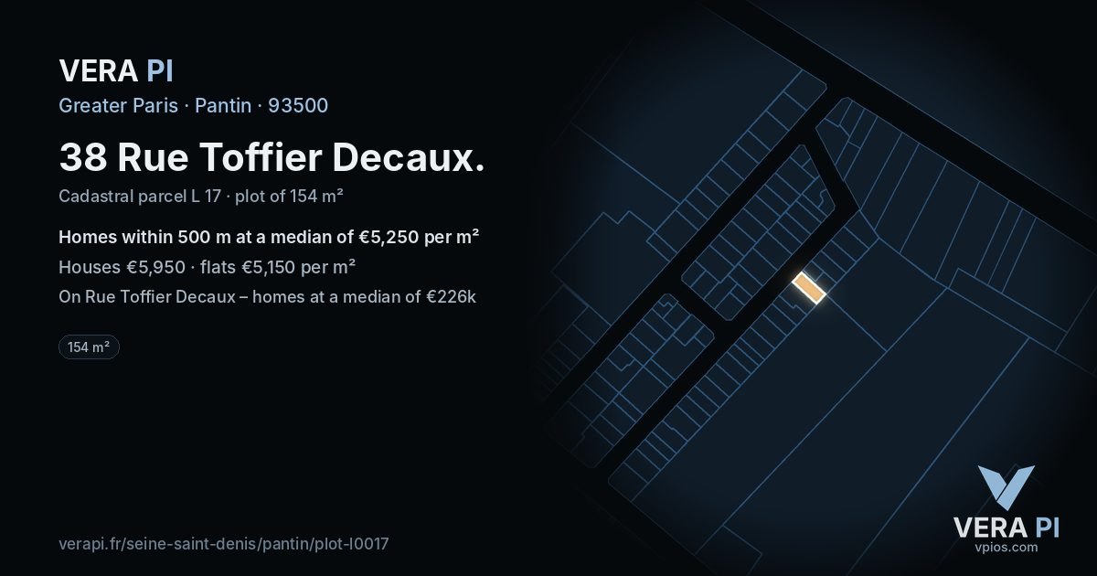 38 Rue Toffier Decaux, Pantin at night – the plot lit, the parcels around coloured by the prices near them