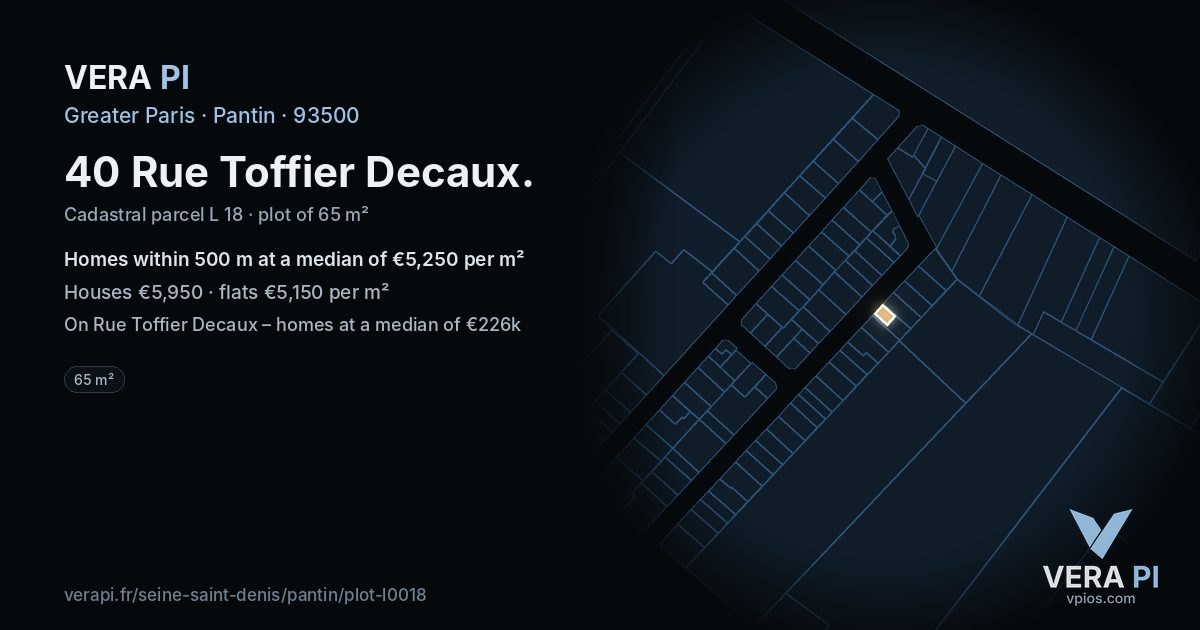 40 Rue Toffier Decaux, Pantin at night – the plot lit, the parcels around coloured by the prices near them