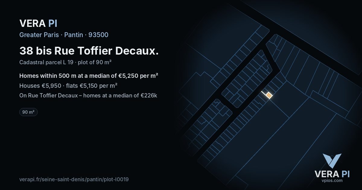 38 bis Rue Toffier Decaux, Pantin at night – the plot lit, the parcels around coloured by the prices near them