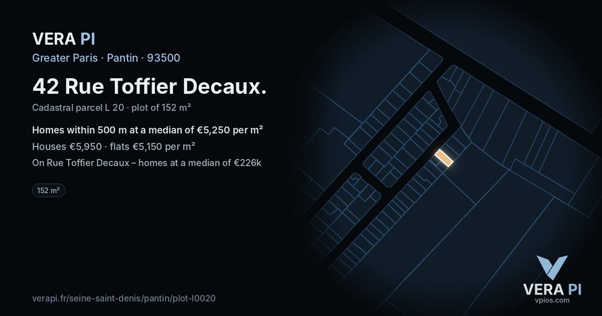 42 Rue Toffier Decaux, Pantin at night – the plot lit, the parcels around coloured by the prices near them