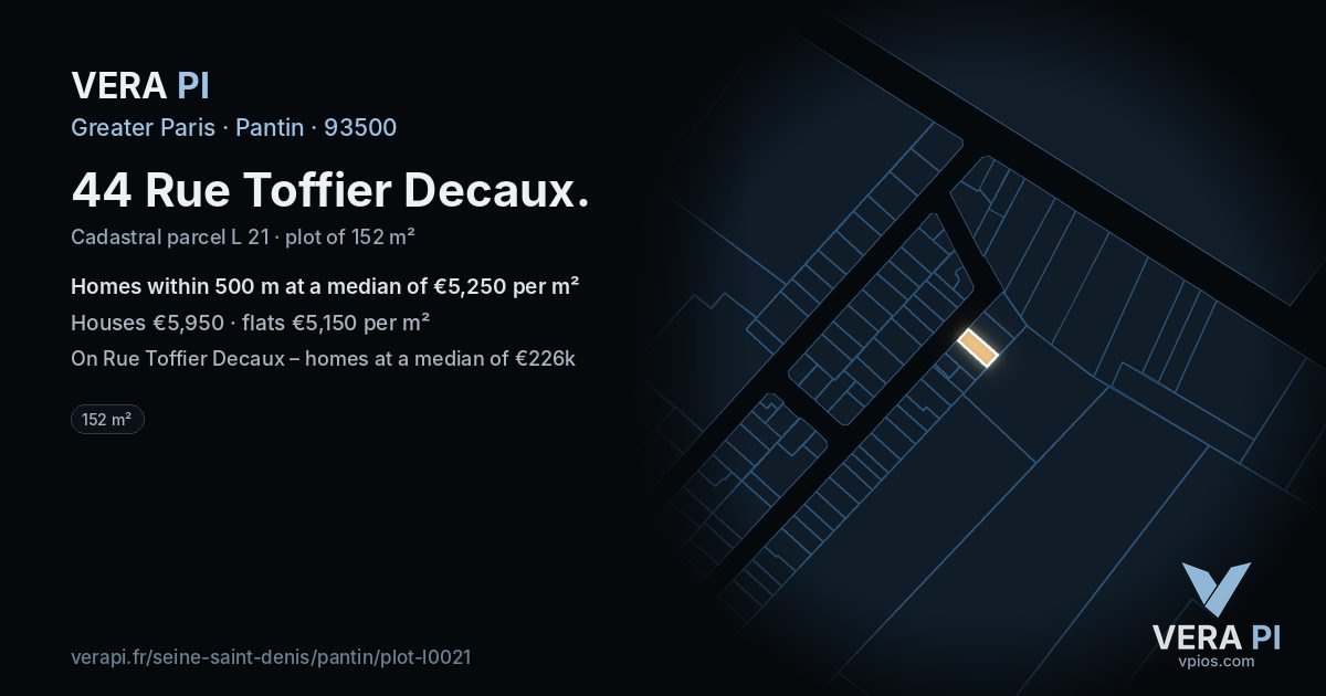 44 Rue Toffier Decaux, Pantin at night – the plot lit, the parcels around coloured by the prices near them