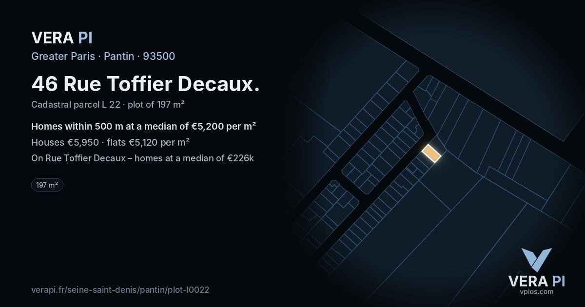 46 Rue Toffier Decaux, Pantin at night – the plot lit, the parcels around coloured by the prices near them