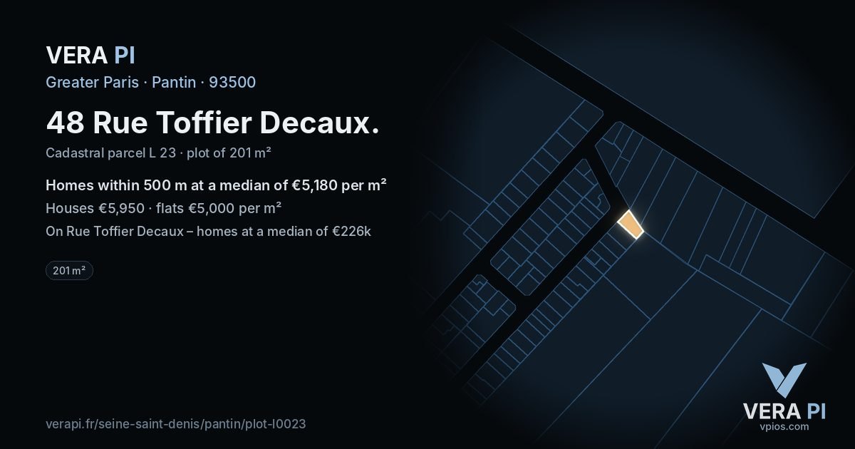 48 Rue Toffier Decaux, Pantin at night – the plot lit, the parcels around coloured by the prices near them