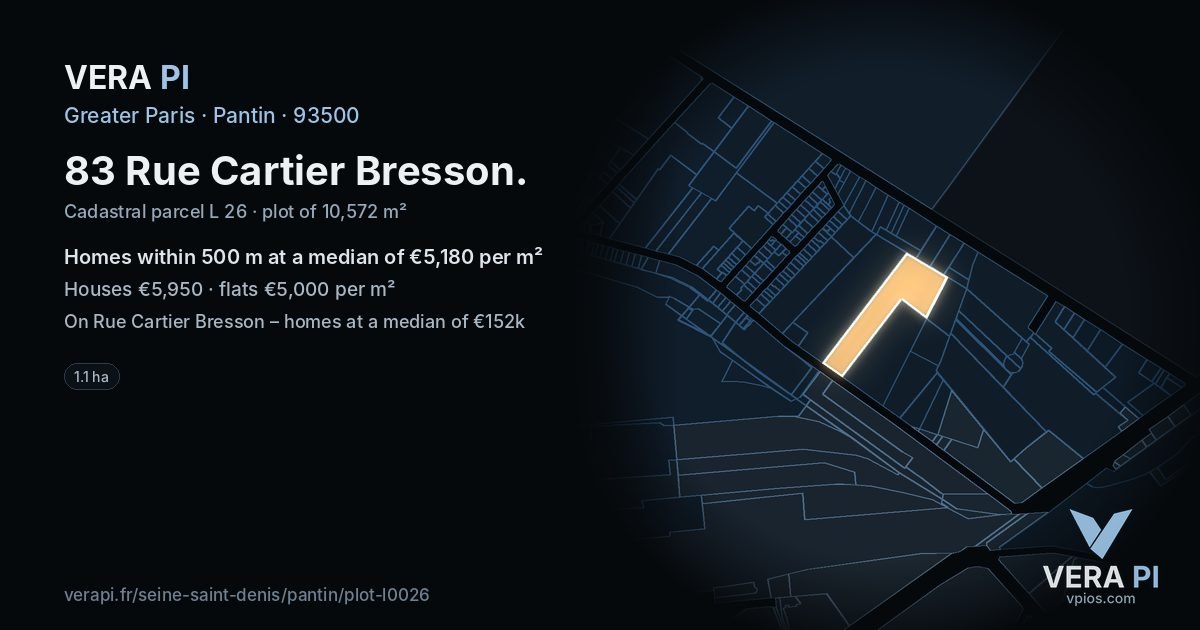 83 Rue Cartier Bresson, Pantin at night – the plot lit, the parcels around coloured by the prices near them
