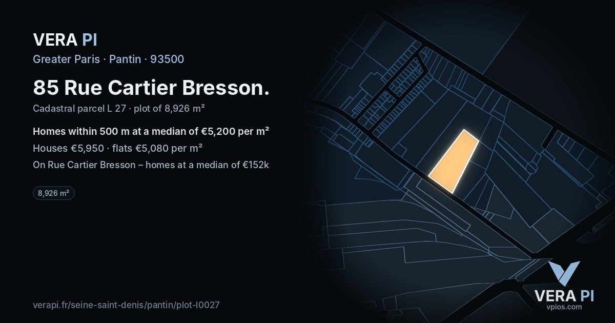 85 Rue Cartier Bresson, Pantin at night – the plot lit, the parcels around coloured by the prices near them