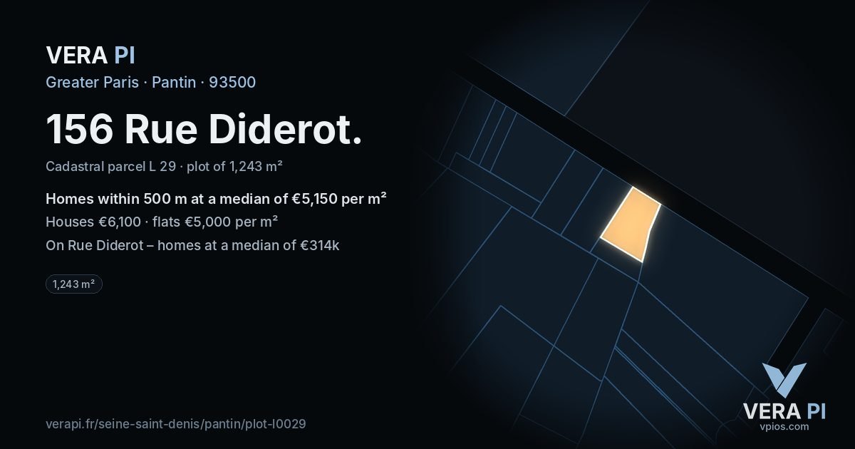 156 Rue Diderot, Pantin at night – the plot lit, the parcels around coloured by the prices near them