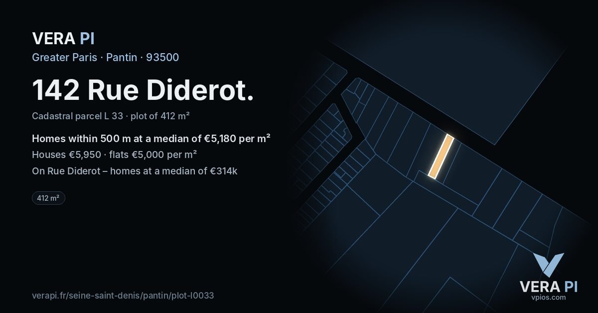 142 Rue Diderot, Pantin at night – the plot lit, the parcels around coloured by the prices near them