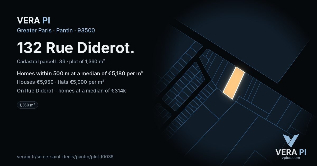 132 Rue Diderot, Pantin at night – the plot lit, the parcels around coloured by the prices near them