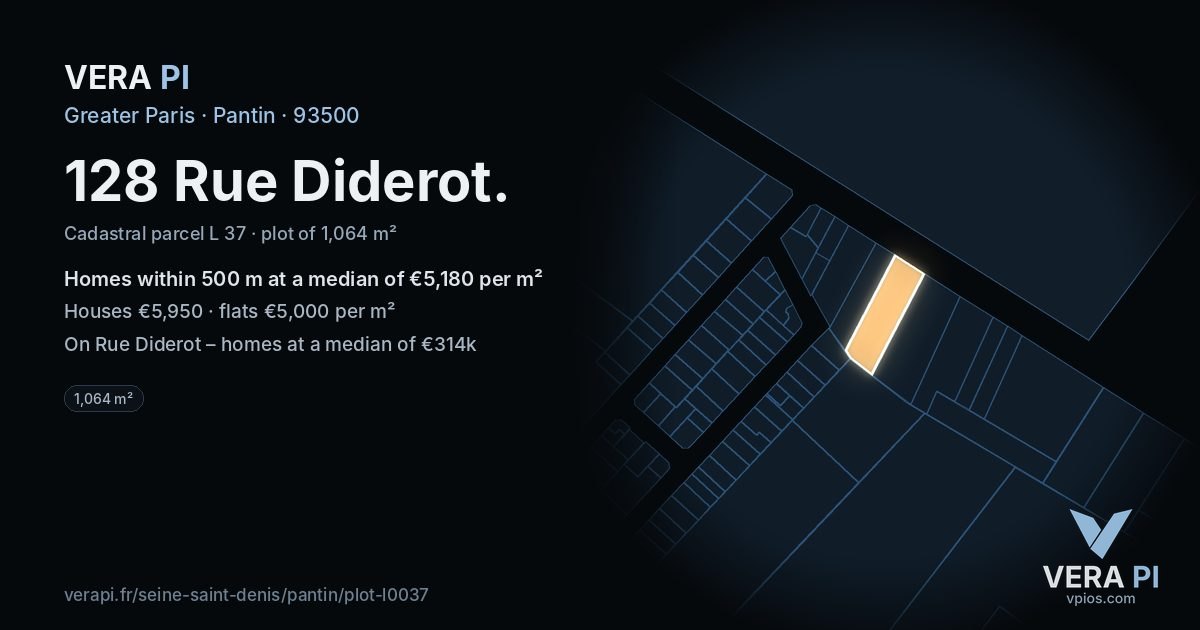 128 Rue Diderot, Pantin at night – the plot lit, the parcels around coloured by the prices near them