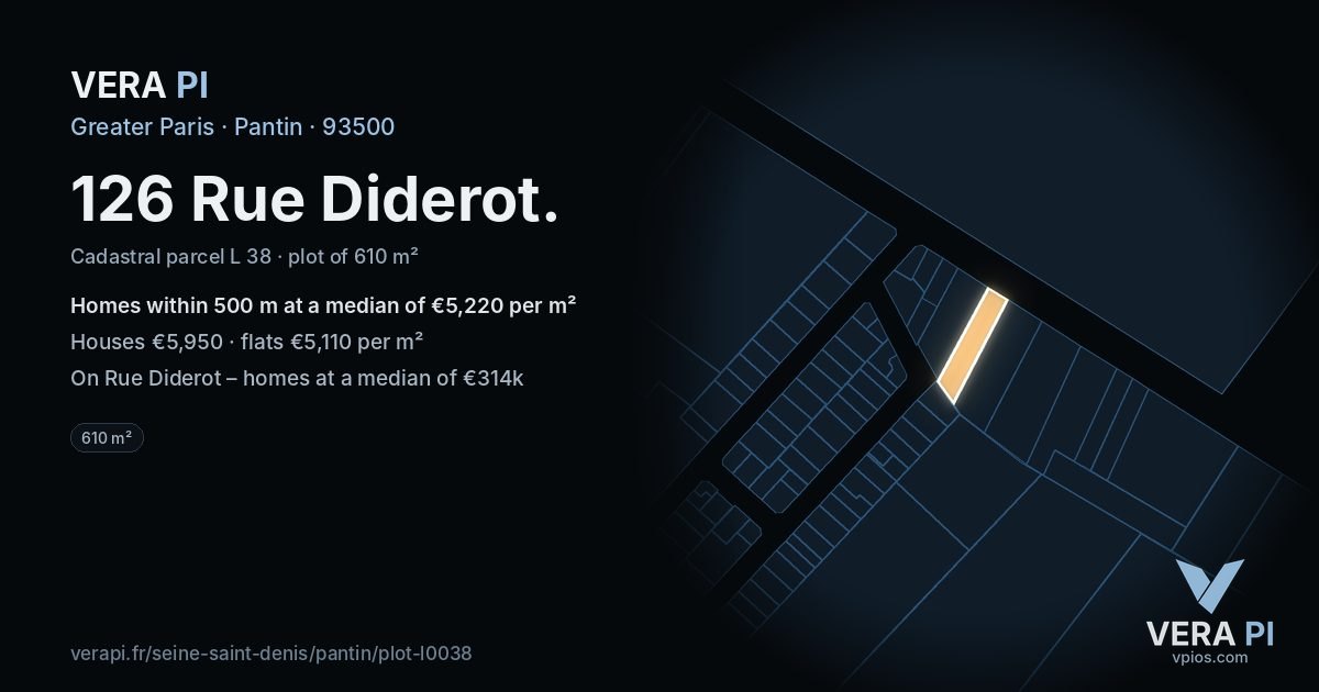 126 Rue Diderot, Pantin at night – the plot lit, the parcels around coloured by the prices near them