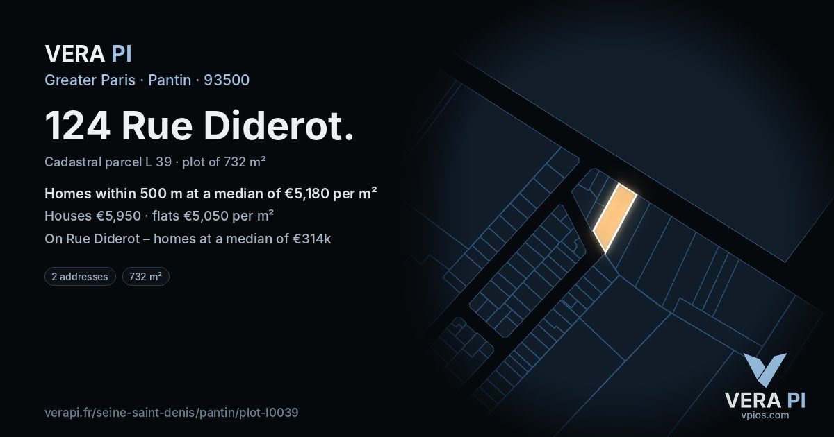 124 Rue Diderot, Pantin at night – the plot lit, the parcels around coloured by the prices near them