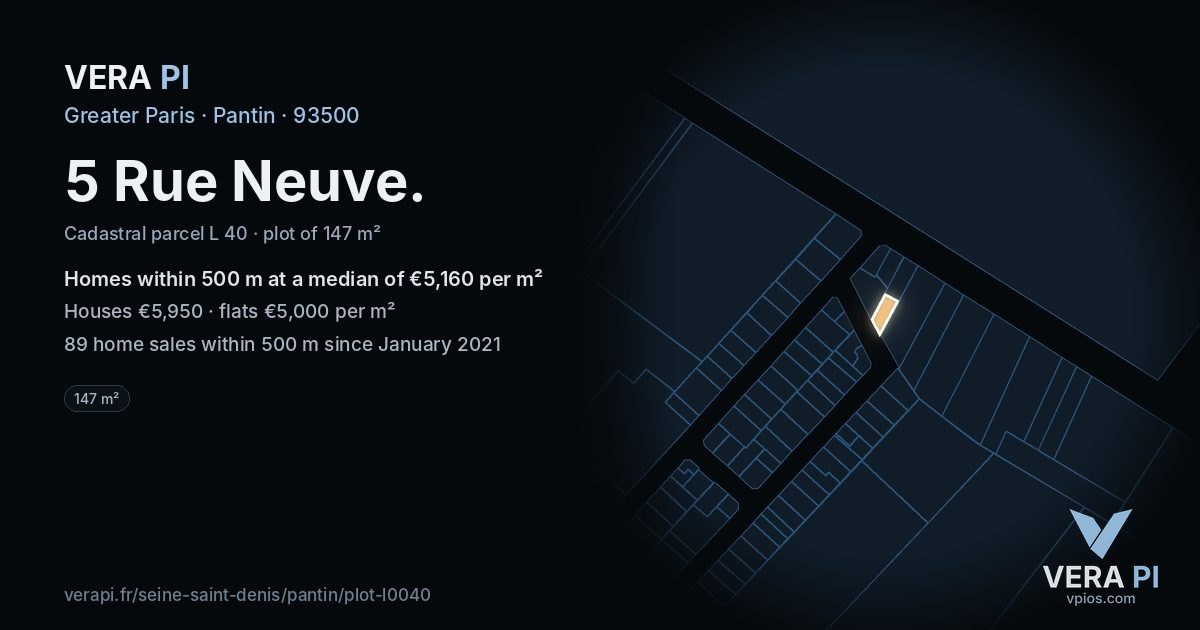 5 Rue Neuve, Pantin at night – the plot lit, the parcels around coloured by the prices near them