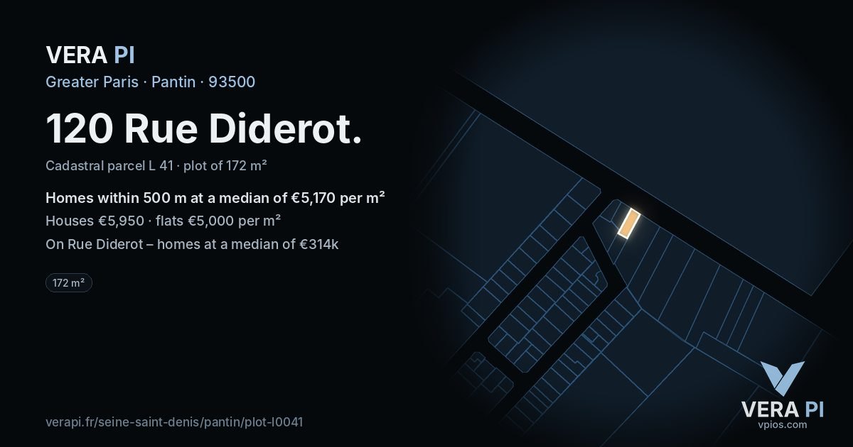 120 Rue Diderot, Pantin at night – the plot lit, the parcels around coloured by the prices near them