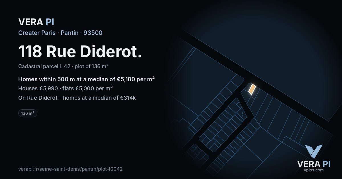 118 Rue Diderot, Pantin at night – the plot lit, the parcels around coloured by the prices near them