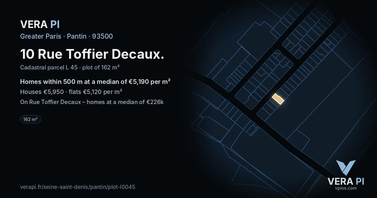 10 Rue Toffier Decaux, Pantin at night – the plot lit, the parcels around coloured by the prices near them