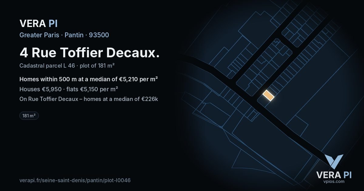 4 Rue Toffier Decaux, Pantin at night – the plot lit, the parcels around coloured by the prices near them