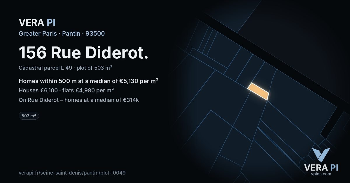 156 Rue Diderot, Pantin at night – the plot lit, the parcels around coloured by the prices near them