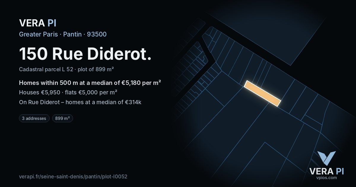 150 Rue Diderot, Pantin at night – the plot lit, the parcels around coloured by the prices near them