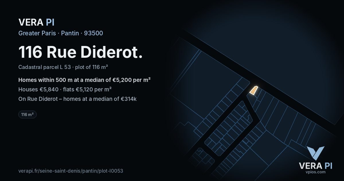 116 Rue Diderot, Pantin at night – the plot lit, the parcels around coloured by the prices near them