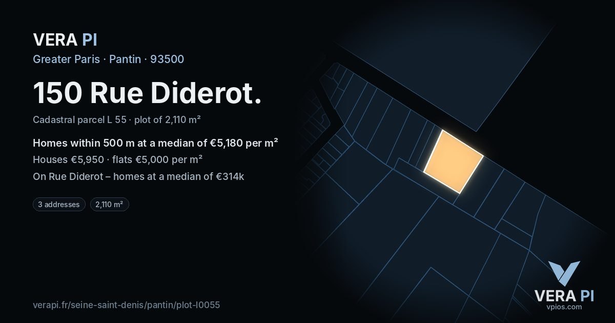 150 Rue Diderot, Pantin at night – the plot lit, the parcels around coloured by the prices near them