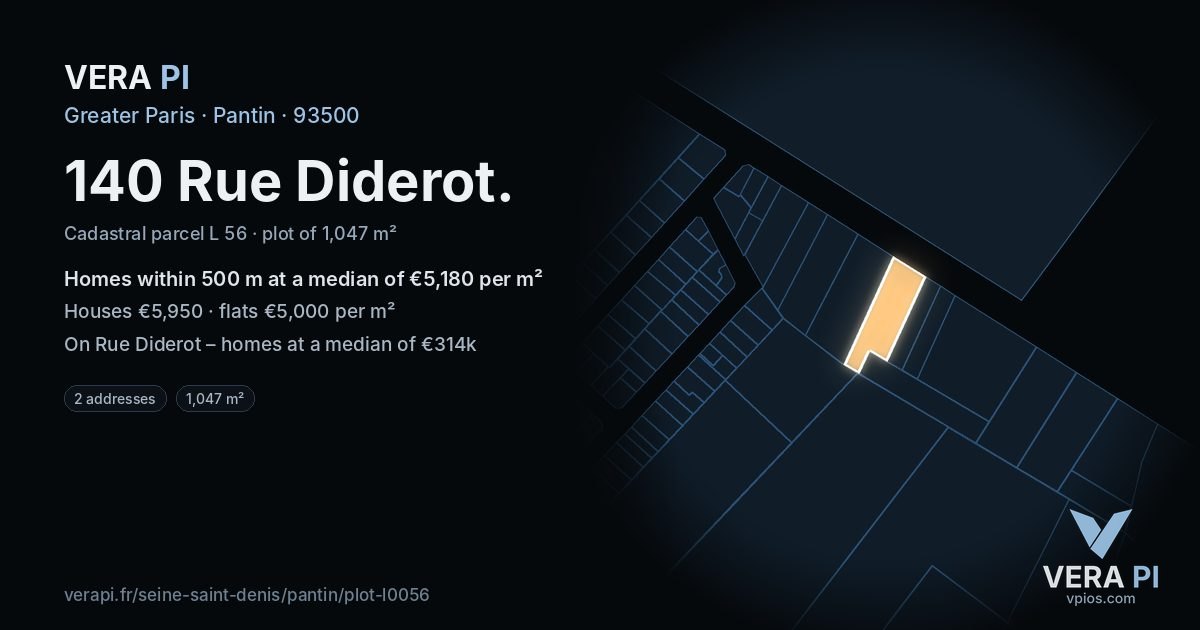 140 Rue Diderot, Pantin at night – the plot lit, the parcels around coloured by the prices near them